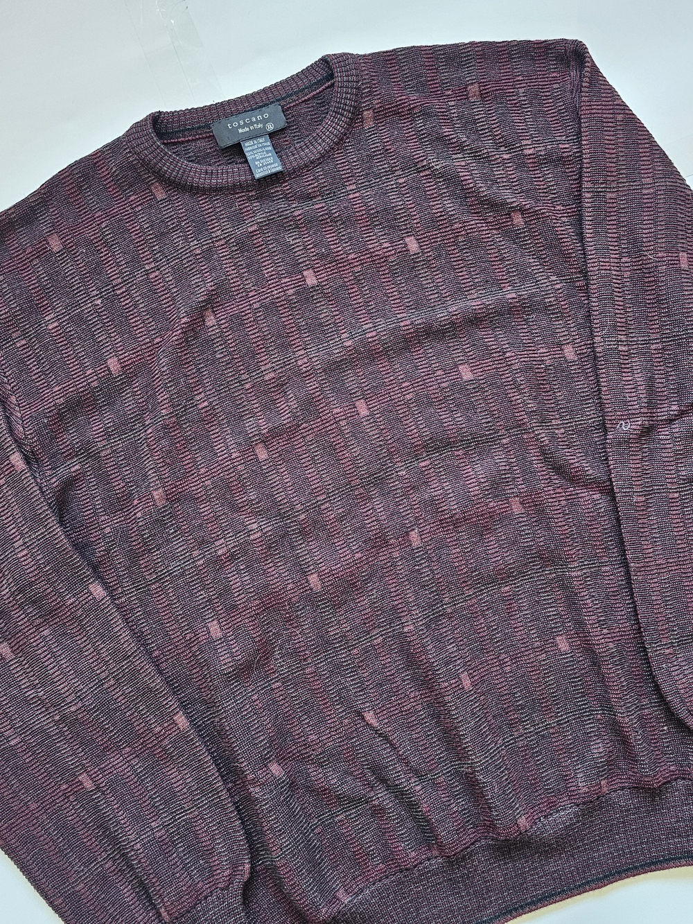 Toscano 50% Wool Blend Men's Burgundy Textured Crewneck Sweater